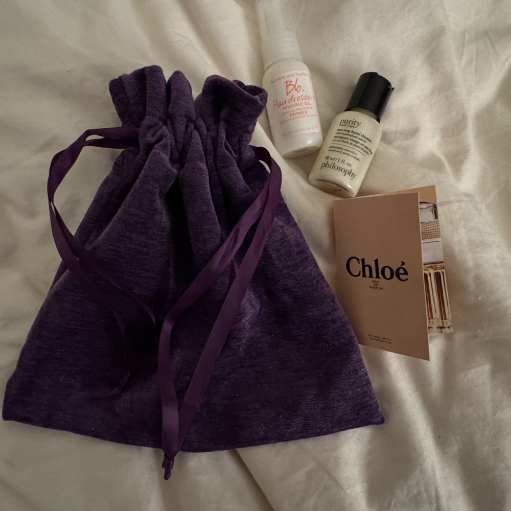 Purple Drawstring Bag with Beauty Mini’s ✨